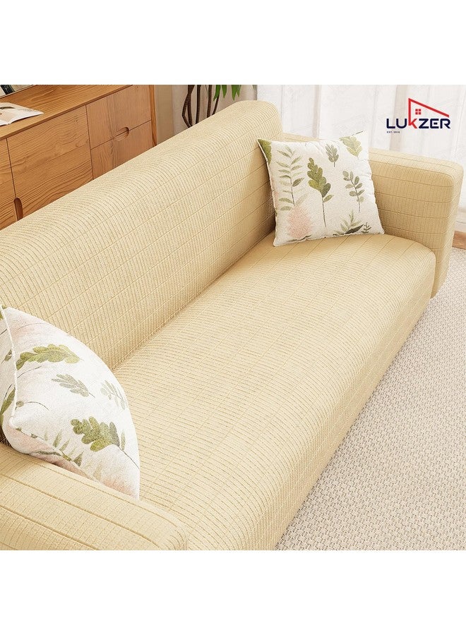 Lukzer 3 Seater Textured Cream Box Pattern Universal Sofa Cover | 360° Fully Covered Anti-Slip Washable Couch Cover Protecter | 280 GSM Stretch Fit Jacquard Fabric Slipcover (180-230cm/SC-055-03) - Image 3