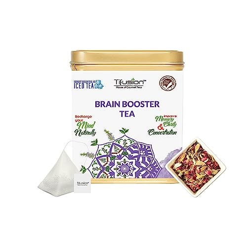 Tifusion Brain Booster Tea with Brahmi, Ashwagandha, Shankhapushpi, Rosemary, Jasmine | Whole Loose Leaves Tea for Memory, Clarity, Retention Power | 30 Tea Bags, 30 Serving Cups - Image 1