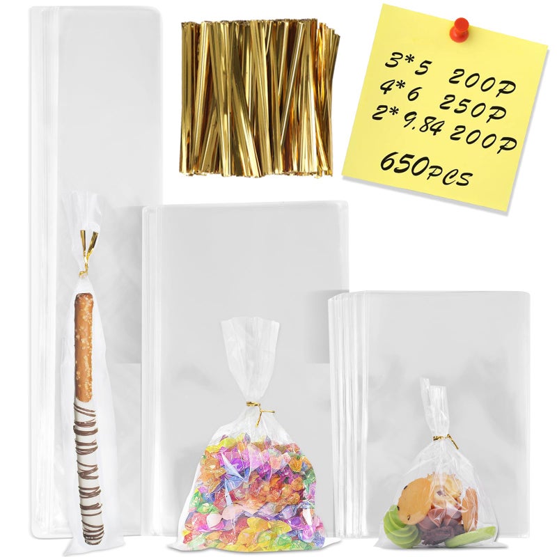 NEOACT 650 PCS Clear Flat Cellophane Treat Bags, 3x5",4x6",9.84x2" Cellophane Bags with Ties, Clear Gift Bags for Party Favors, Pretzel Rods, Bakery, Cookies, Candies, Dessert - Image 1