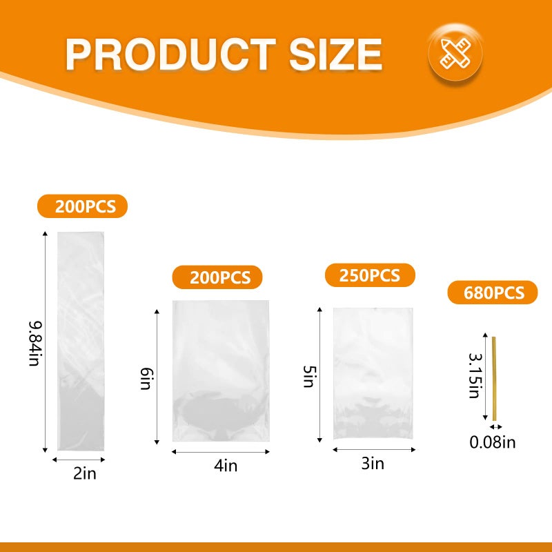 NEOACT 650 PCS Clear Flat Cellophane Treat Bags, 3x5",4x6",9.84x2" Cellophane Bags with Ties, Clear Gift Bags for Party Favors, Pretzel Rods, Bakery, Cookies, Candies, Dessert - Image 2