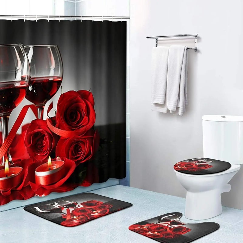 Bluejw 4 Pcs Happy Valentine's Day Shower Curtain Set with Non Slip Rugs Toilet Lid Cover Bath Mat U Shaped Mat Bathroom Curtain - Image 1