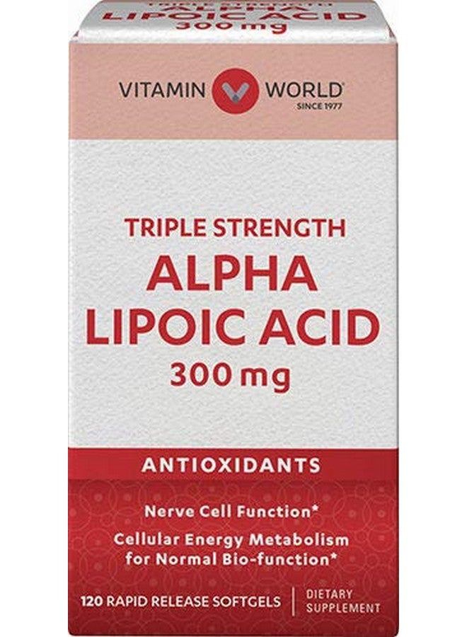 Vitamin World Alpha Lipoic Acid 300 mg. 120 softgels, Triple Strength, Antioxidant, Rapid-Release, Gluten Free - Image 1