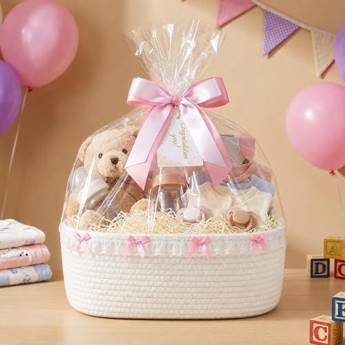 Ferrochef Cute Basket for Gifts Empty 12x 8x 5 Coquette Woven Rope Gift Baskets White Lace Rectangle Shelf Organizer Storage Bins for Nursery Baby Shower Toy Organizing - Image 3