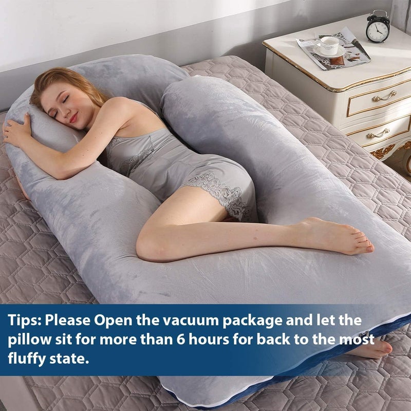 Elover Pregnancy Pillow U-Shaped Full Body Maternity Support Pillow for Pregnant Women with Replaceable and Washable Velvet Cover Size 60" (Gray & Blue, Velvet) - Image 4