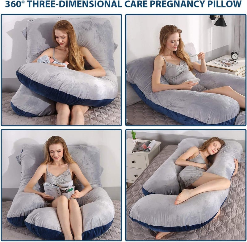 Elover Pregnancy Pillow U-Shaped Full Body Maternity Support Pillow for Pregnant Women with Replaceable and Washable Velvet Cover Size 60" (Gray & Blue, Velvet) - Image 2