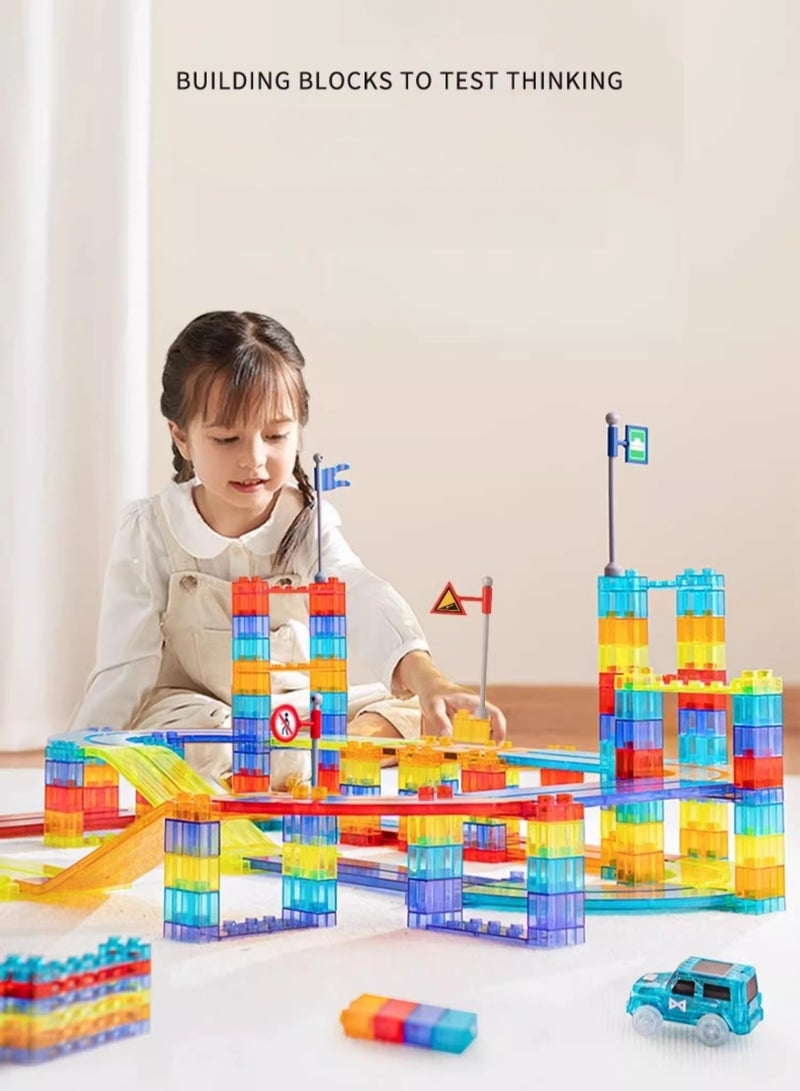 Loquat 154PCS Magnetic Railcar Track Set – STEM Building Blocks with Electric Cars, Flags  Bridges – Colorful Educational Toy for Kids Ages 3+ - Image 3