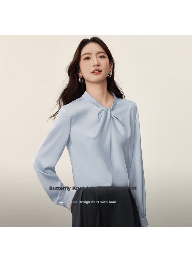 Sentubila 3d Twist Neck Long Sleeve Chiffon Blouse For Women Autumn Textured Wrinkled Shirt Romantic Commuter Top - Image 1