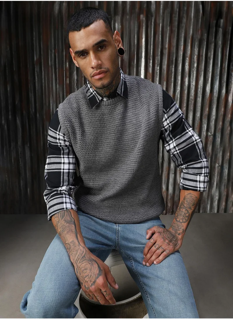 HIGH STAR Men's Grey 100% Acrylic Solid Relaxed Fit Sweater