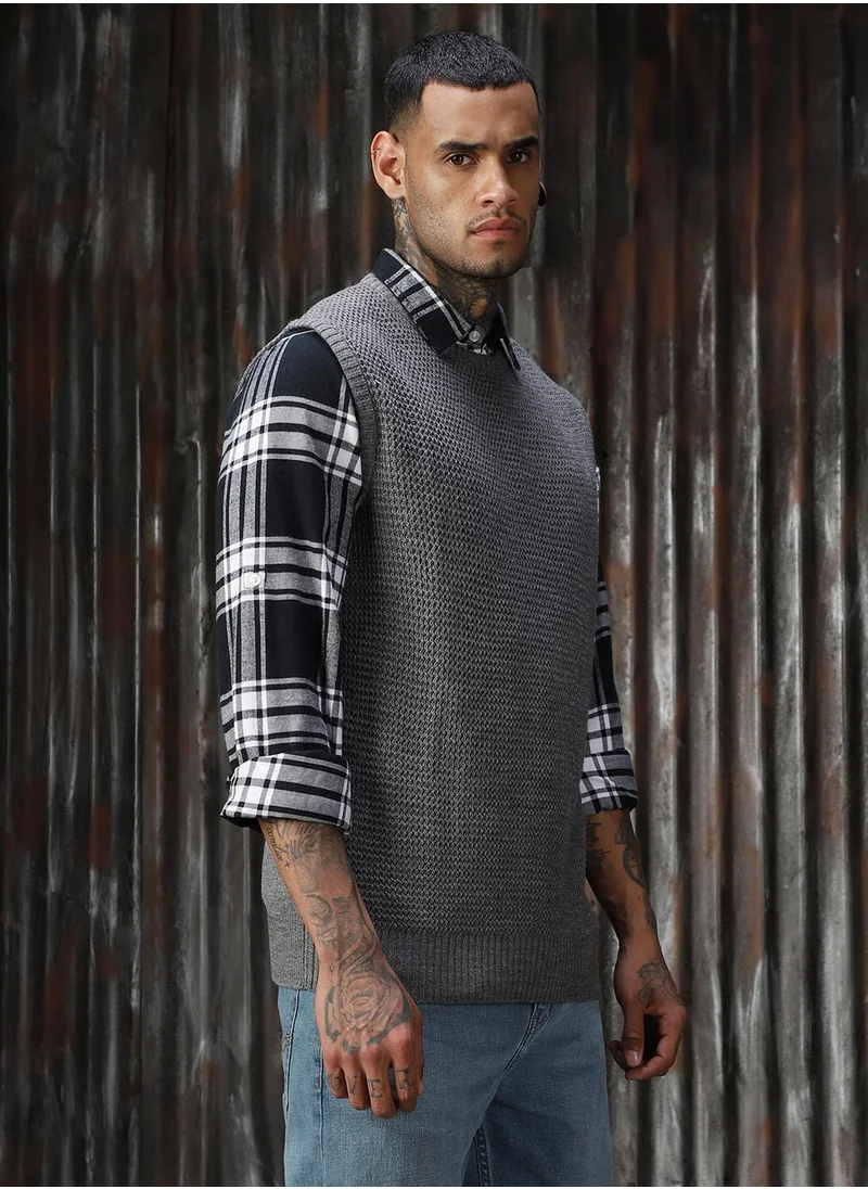 HIGH STAR Men's Grey 100% Acrylic Solid Relaxed Fit Sweater