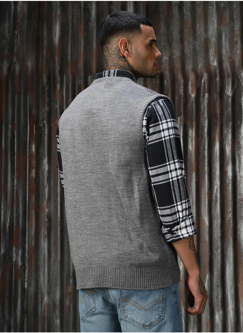 HIGH STAR Men's Grey 100% Acrylic Solid Relaxed Fit Sweater