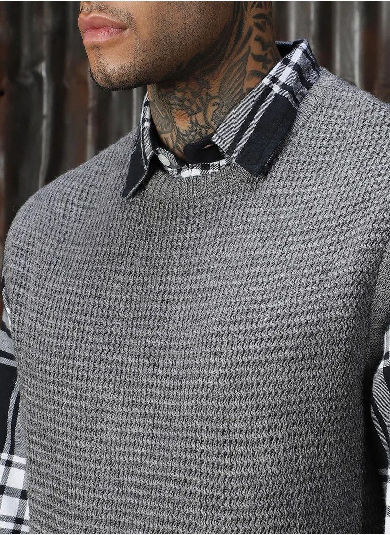 HIGH STAR Men's Grey 100% Acrylic Solid Relaxed Fit Sweater