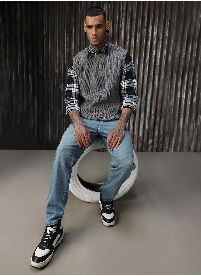 HIGH STAR Men's Grey 100% Acrylic Solid Relaxed Fit Sweater