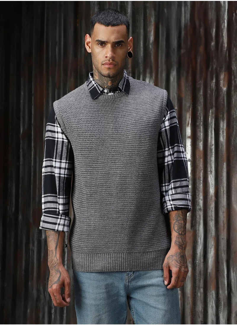 HIGH STAR Men's Grey 100% Acrylic Solid Relaxed Fit Sweater