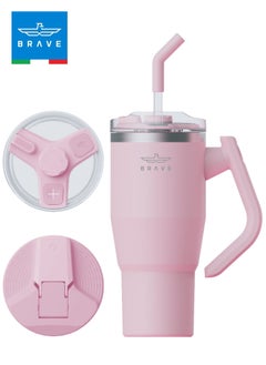Brave 32oz (950ml) Stainless Steel Insulated Tumbler with 180° Rotating Handle and Lid with Straw, 100% Leak Proof Travel Coffee Mug, Double Wall Vacuum Insulated Tumbler, Keeps Drinks Cold for 24 Hours or Hot for 12 Hours, BPA Free, Durable, Reusable, Cup Holder Friendly, Large Coffee Mug and Water Bottle for Hot and Cold Drinks, Perfect for Office, Travel, Gym (Pink)  - Image 1