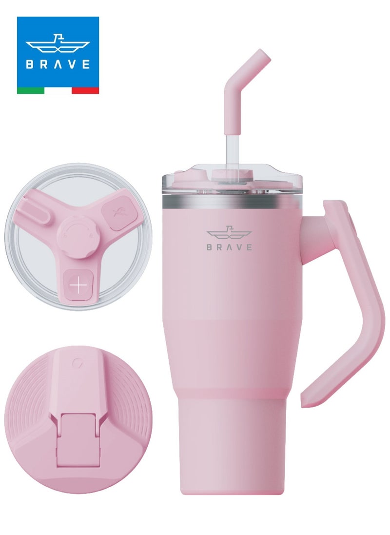 Brave 32oz (950ml) Stainless Steel Insulated Tumbler with 180° Rotating Handle and Lid with Straw, 100% Leak Proof Travel Coffee Mug, Double Wall Vacuum Insulated Tumbler, Keeps Drinks Cold for 24 Hours or Hot for 12 Hours, BPA Free, Durable, Reusable, Cup Holder Friendly, Large Coffee Mug and Water Bottle for Hot and Cold Drinks, Perfect for Office, Travel, Gym (Pink)  - Image 1
