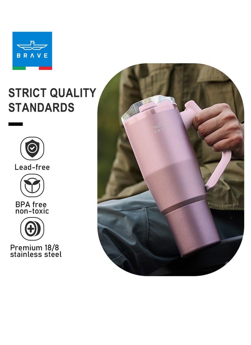 Brave 32oz (950ml) Stainless Steel Insulated Tumbler with 180° Rotating Handle and Lid with Straw, 100% Leak Proof Travel Coffee Mug, Double Wall Vacuum Insulated Tumbler, Keeps Drinks Cold for 24 Hours or Hot for 12 Hours, BPA Free, Durable, Reusable, Cup Holder Friendly, Large Coffee Mug and Water Bottle for Hot and Cold Drinks, Perfect for Office, Travel, Gym (Pink)  - Image 2