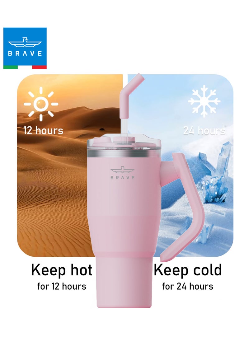 Brave 32oz (950ml) Stainless Steel Insulated Tumbler with 180° Rotating Handle and Lid with Straw, 100% Leak Proof Travel Coffee Mug, Double Wall Vacuum Insulated Tumbler, Keeps Drinks Cold for 24 Hours or Hot for 12 Hours, BPA Free, Durable, Reusable, Cup Holder Friendly, Large Coffee Mug and Water Bottle for Hot and Cold Drinks, Perfect for Office, Travel, Gym (Pink)  - Image 3