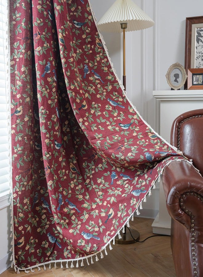 vctops Farmhouse Bird Curtains with Tassels 2 Panel Set Jacquard Semi Sheer Light Filtering Rod Pocket Window Curtains for Living Room/Bedroom (Red,59"x102") - Image 4
