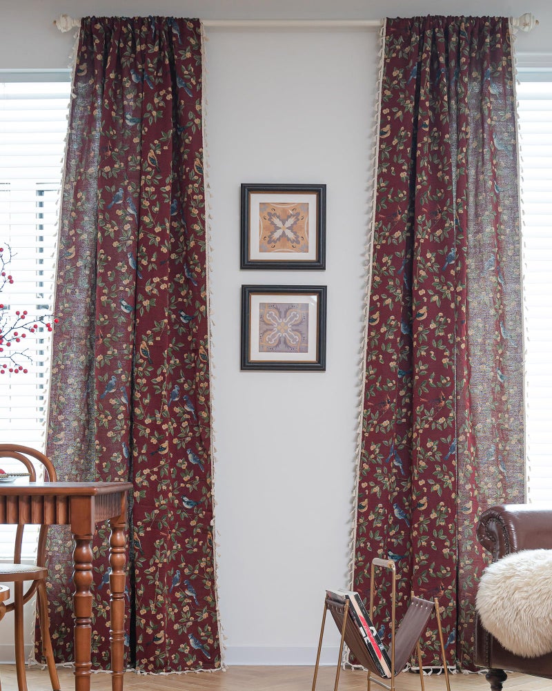 vctops Farmhouse Bird Curtains with Tassels 2 Panel Set Jacquard Semi Sheer Light Filtering Rod Pocket Window Curtains for Living Room/Bedroom (Red,59"x102") - Image 1