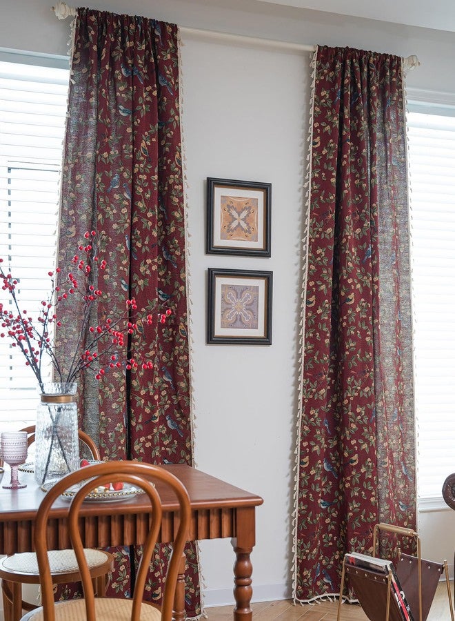 vctops Farmhouse Bird Curtains with Tassels 2 Panel Set Jacquard Semi Sheer Light Filtering Rod Pocket Window Curtains for Living Room/Bedroom (Red,59"x102") - Image 2