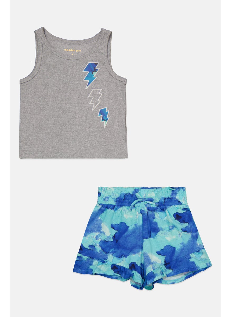 Madden Girl Kids Girl 2 Tie Dye Tee And Short Set, Grey/Blue  - Image 1