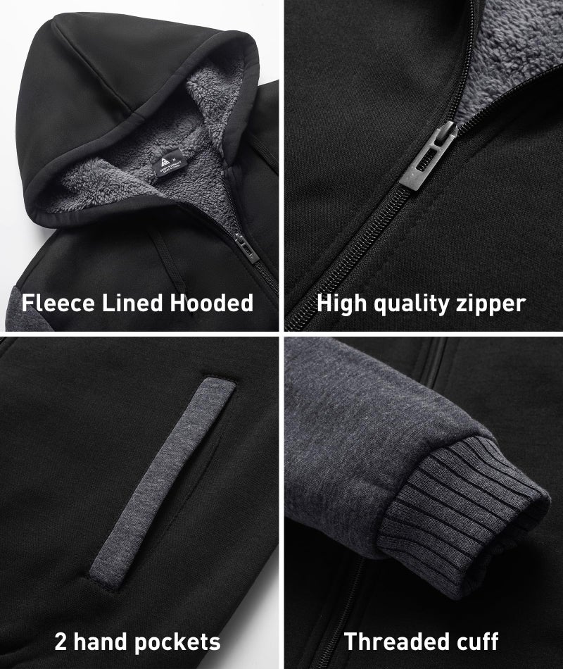 SCODI Hoodies for Men Heavyweight Fleece Sweatshirt - Full Zip Up Thick Sherpa Lined Hooded Jacket Black Grey XL - Image 4