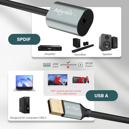 Adoreen Male USB A 2.0 to Female Toslink Digital Optical Audio Cable Adapter 0.6 Ft, USB to SPDIF Port Fiber Optic Converter, for Laptop Computer PC PS5/PS4, NOT for TV Or Other-Unidirectional - Image 2