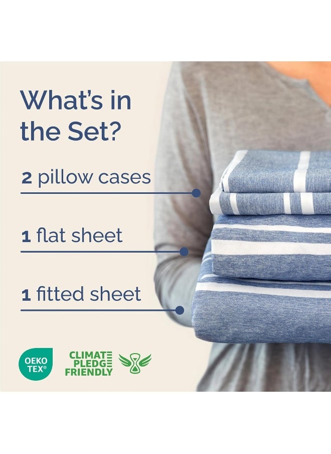 King Size 4 Piece Bedding Sheet Set - Breathable & Cooling - Hotel Luxury Bed Sheets Set - Easy Fit - Soft, Wrinkle Free & Comfy Blue Stripes Oeko-Tex Bedding Sheets - Deep Pockets