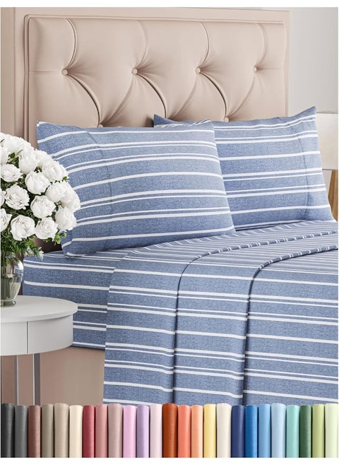 King Size 4 Piece Bedding Sheet Set - Breathable & Cooling - Hotel Luxury Bed Sheets Set - Easy Fit - Soft, Wrinkle Free & Comfy Blue Stripes Oeko-Tex Bedding Sheets - Deep Pockets