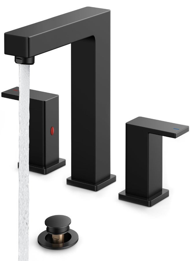 FORIOUS Black Bathroom Faucets 3 Hole, 2 Handle 8 Inch Widespread Bathroom Sink Faucet Matte Black Square for 6" to 12" Vanity Sink with Pop Up Drain, CUPC Supply Hose and Spare Water Saving Aerator - Image 1