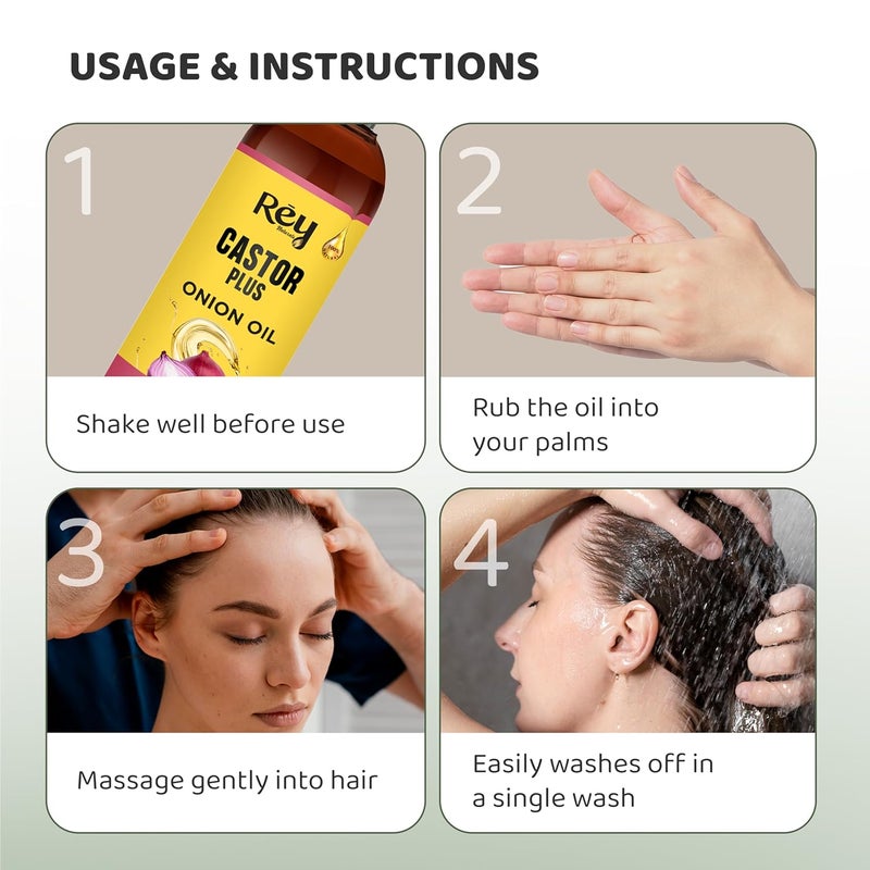 Rey Naturals Rey Naturals Castor Oil Plus Onion Hair Oil For Hair Growth I Onion Oil For Hair Growth Strong Hair Roots Onion Oil For Hair Fall Control Castor Oil For Hair Growth For Men Women 100ml - Image 4