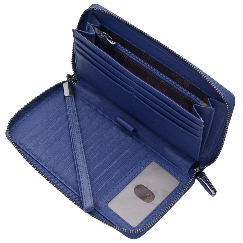 Bveyzi Women RFID Blocking Wallet Leather Zip Around Phone Clutch Large Capacity Ladies Travel Purse Wristlet Navy Blue