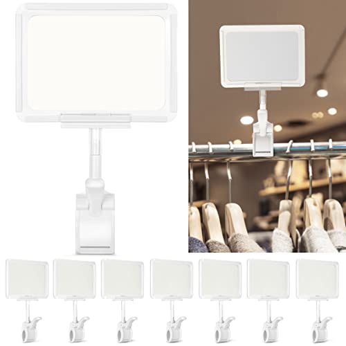Mlici Acrylic Sign Holder with Clamp, 6 x 9 Inch Double Head Display Clips with PVC Card Protector, Rotating Sign Price Tag Clip On Sign Display for Hangrails or Tubes (Pack of 7) (White) - Image 1