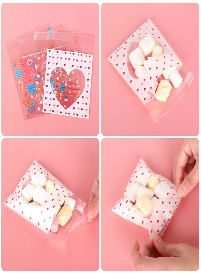 Whaline 400 Pieces Valentine Cellophane Bags Love Heart Printed Cookie Treat Bag Red Pink Heart Self-Adhesive Candy Packing Clear Plastic Gifts Goodies Party Favor, 4 Style - Image 3