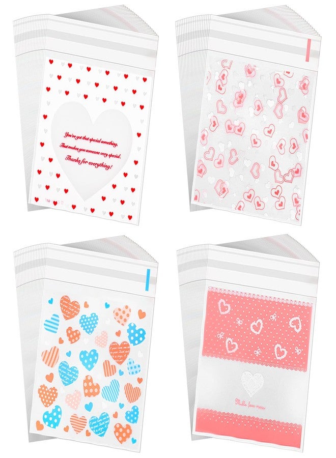 Whaline 400 Pieces Valentine Cellophane Bags Love Heart Printed Cookie Treat Bag Red Pink Heart Self-Adhesive Candy Packing Clear Plastic Gifts Goodies Party Favor, 4 Style - Image 1