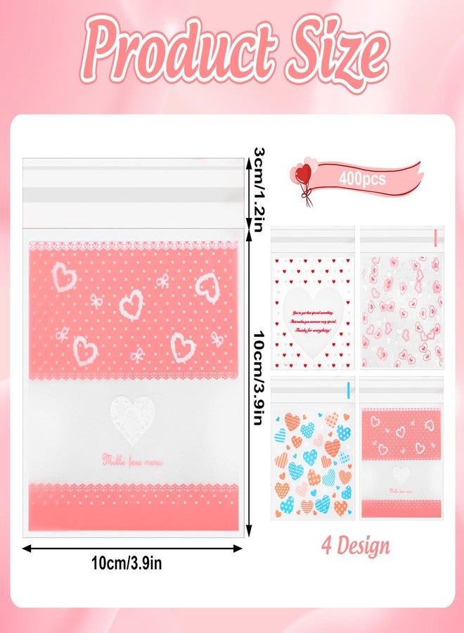 Whaline 400 Pieces Valentine Cellophane Bags Love Heart Printed Cookie Treat Bag Red Pink Heart Self-Adhesive Candy Packing Clear Plastic Gifts Goodies Party Favor, 4 Style - Image 2