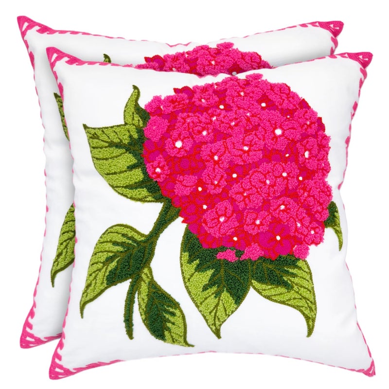Alysheer Hydrangea Embroidered Decorative Throw Pillow Covers 18"x 18" Set of 2, Summer Floral Tufted Patterned Hot Pink Cotton Cushion Cases for Couch Bed Living Room Decor - Image 1