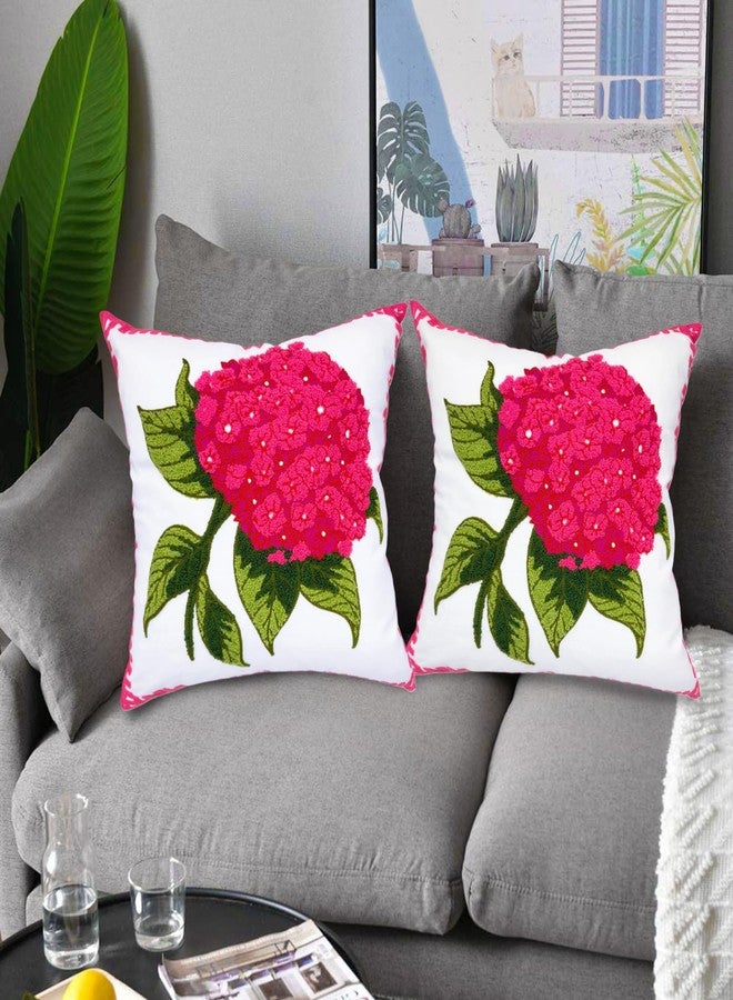 Alysheer Hydrangea Embroidered Decorative Throw Pillow Covers 18"x 18" Set of 2, Summer Floral Tufted Patterned Hot Pink Cotton Cushion Cases for Couch Bed Living Room Decor - Image 3