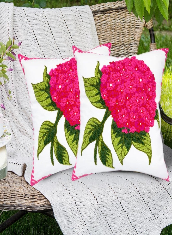 Alysheer Hydrangea Embroidered Decorative Throw Pillow Covers 18"x 18" Set of 2, Summer Floral Tufted Patterned Hot Pink Cotton Cushion Cases for Couch Bed Living Room Decor - Image 2