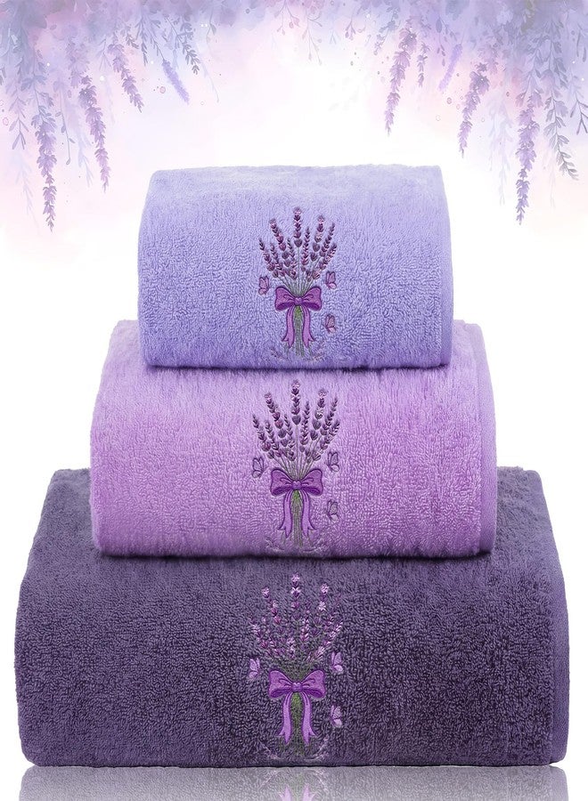 Gilprop 3 Pcs Lavender Embroidered Bath Cotton Towels Set Including 1 Bath Towel 1 Hand Towel and 1 Wash Cloth, Lavender Purple Towels Gift Set for Kitchen Bathroom Gym Spa Decorations - Image 1