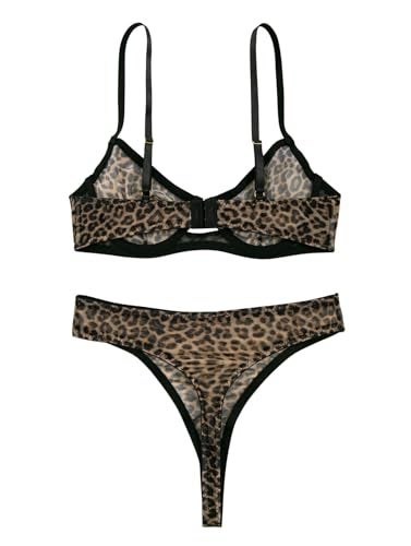 Lilosy Sexy Mesh Sheer Underwire Push Up Lingerie Set Women Cheetah See Through Bachelorette Bra Panty 2 Piece Leopard Small - Image 5