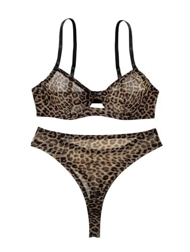 Lilosy Sexy Mesh Sheer Underwire Push Up Lingerie Set Women Cheetah See Through Bachelorette Bra Panty 2 Piece Leopard Small - Image 4