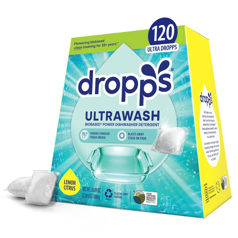 Dropps UltraWash Dishwasher Pods Lemon Citrus 120 Count Biobased Power Deep Clean Dishwasher Detergent Tablets for Sparkling Shiny Dishes No Rinse Aid or PreWash Needed Dishwashing Pods