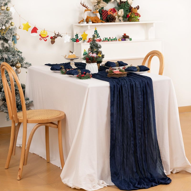 DeZerlor 6 Pack Christmas Table Runner Navy Blue Cheesecloth Table Runner Boho Gauze Table Runner 120 inches Long Winter Table Decor for Wedding Baby Shower Xmas Party Decorations - Image 1