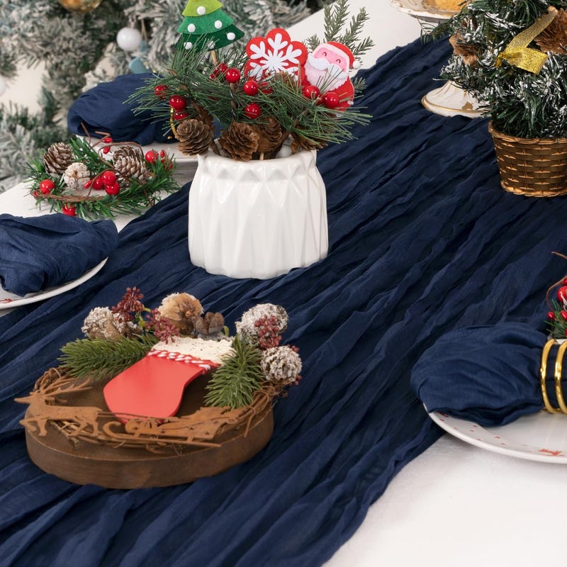 DeZerlor 6 Pack Christmas Table Runner Navy Blue Cheesecloth Table Runner Boho Gauze Table Runner 120 inches Long Winter Table Decor for Wedding Baby Shower Xmas Party Decorations - Image 4