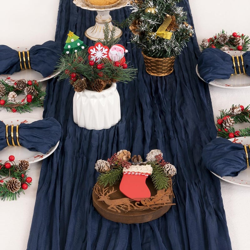 DeZerlor 6 Pack Christmas Table Runner Navy Blue Cheesecloth Table Runner Boho Gauze Table Runner 120 inches Long Winter Table Decor for Wedding Baby Shower Xmas Party Decorations - Image 2