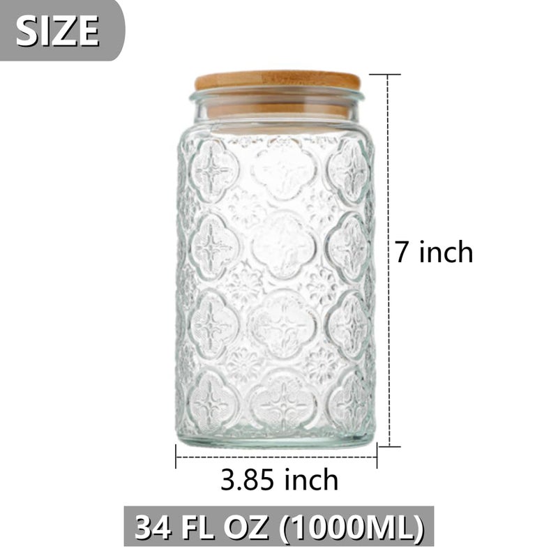 ANSQU Vintage Glass Storage Jar, 34 FL OZ Glass Food Storage Containers with Bamboo Lid, Airtight Cookie Jar Candy Jar for Kitchen Counter, Pantry, Coffee, Tea, Sugar (Round, Begonia) - Image 2
