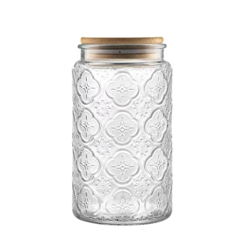 ANSQU Vintage Glass Storage Jar, 34 FL OZ Glass Food Storage Containers with Bamboo Lid, Airtight Cookie Jar Candy Jar for Kitchen Counter, Pantry, Coffee, Tea, Sugar (Round, Begonia) - Image 1