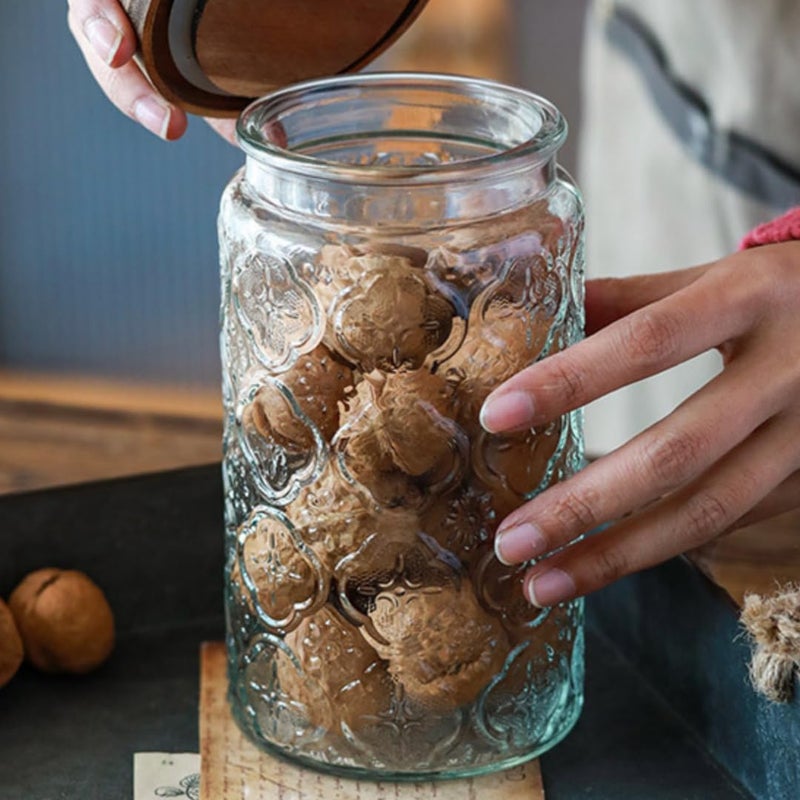 ANSQU Vintage Glass Storage Jar, 34 FL OZ Glass Food Storage Containers with Bamboo Lid, Airtight Cookie Jar Candy Jar for Kitchen Counter, Pantry, Coffee, Tea, Sugar (Round, Begonia) - Image 4