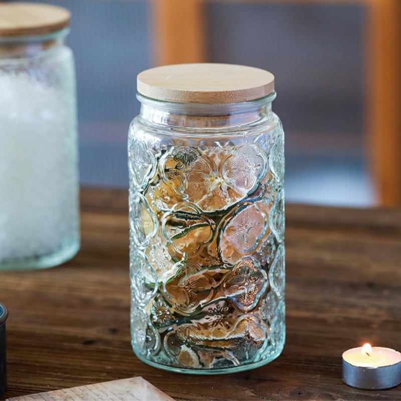 ANSQU Vintage Glass Storage Jar, 34 FL OZ Glass Food Storage Containers with Bamboo Lid, Airtight Cookie Jar Candy Jar for Kitchen Counter, Pantry, Coffee, Tea, Sugar (Round, Begonia) - Image 3